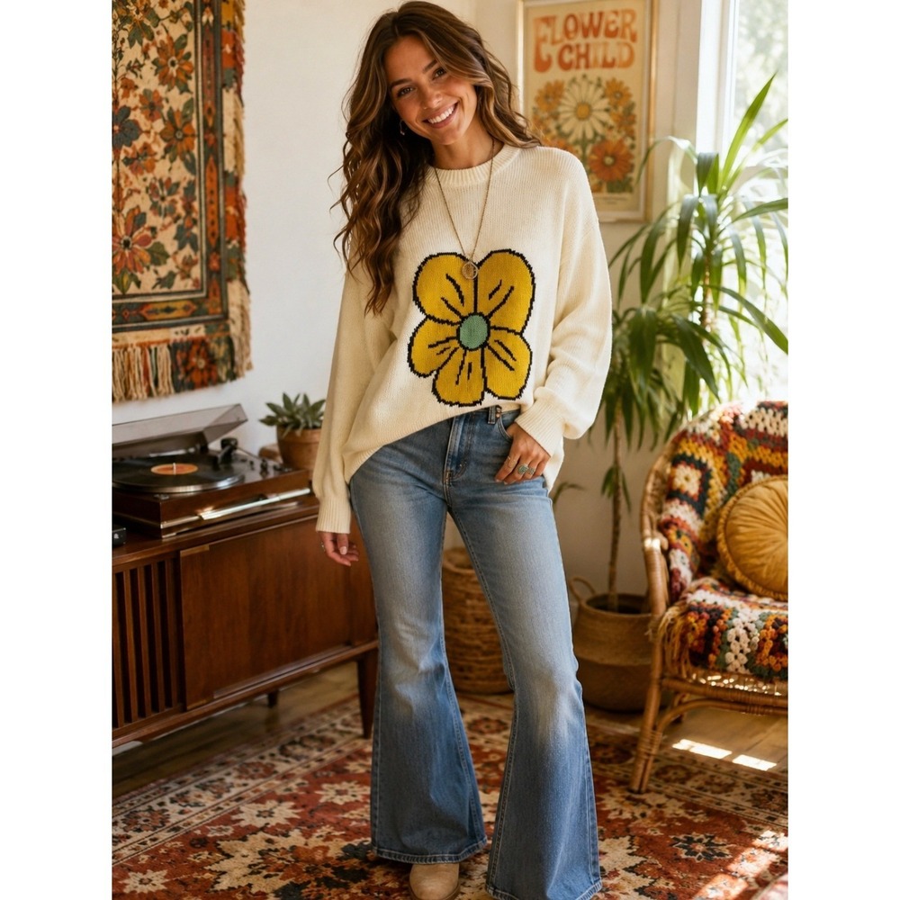 ZARA‎ Daisy Flower Crew Neck Sweater Pullover Oversized Knitwear Retro Medium